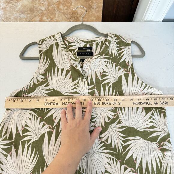 Tahari 100% Linen Tropical Floral Button Up Shirt Sz M Green Sleeveless Hawaiian - Picture 5 of 7